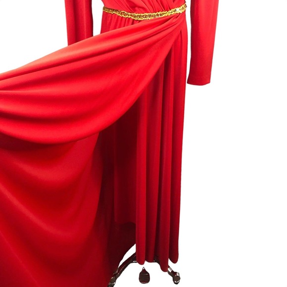 Lilli Diamond Vintage Gown Red Gold Sequin Braid Trim Maxi Dress - Picture 5 of 10